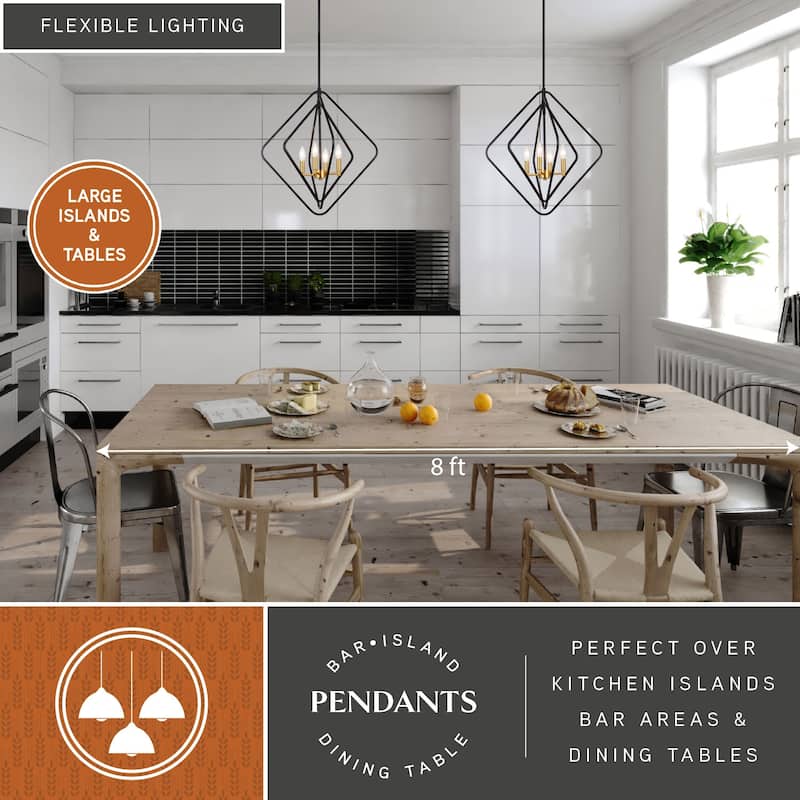 Brady 4 Light Black and Satin Brass Contemporary Geometric Cage Pendant Light - 22-in W x 24.25-in H x 22-in D