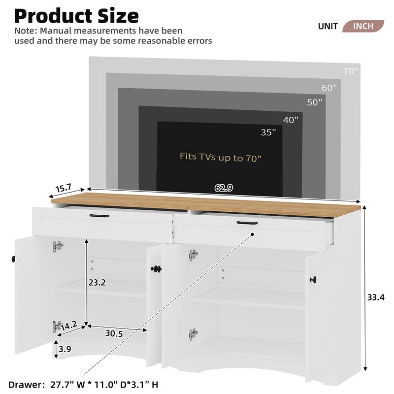 Farmhouse Style TV Stand Versatile Wood Grain Sideboard, for TVs up to 70 Inches with 2 Drawers, for Living Room/Bedroom, White