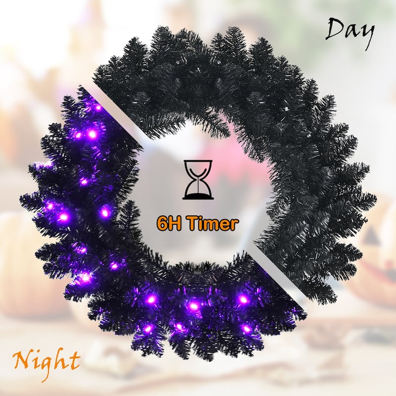 Halloween Wreath Artificial Christmas Wreath with 35 Purple LED Lights