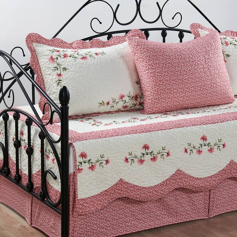 5 Piece Embroidered Daybed Cover Set with Bedskirt