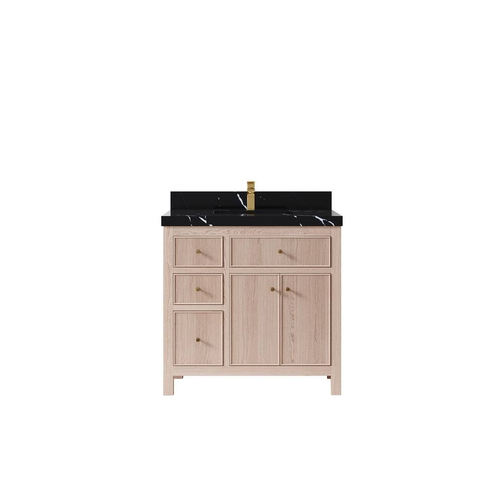 Willow Collections 36 x 22 Sonoma Oak Wood Center Sink Right Bathroom Vanity with Quartz or Marble Countertop