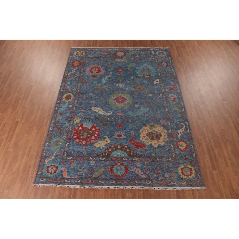 Geometric Blue Oushak Oriental Area Rug Handmade Wool Carpet - 8'9" x 11'10"