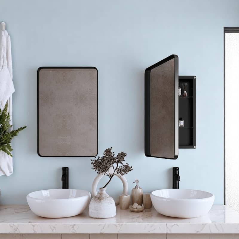 Black Metal Framed Bathroom Mirror Cabinet 20x30 Inch, Recessed or Wall Mounted Medicine Cabinet with Storage Shelves