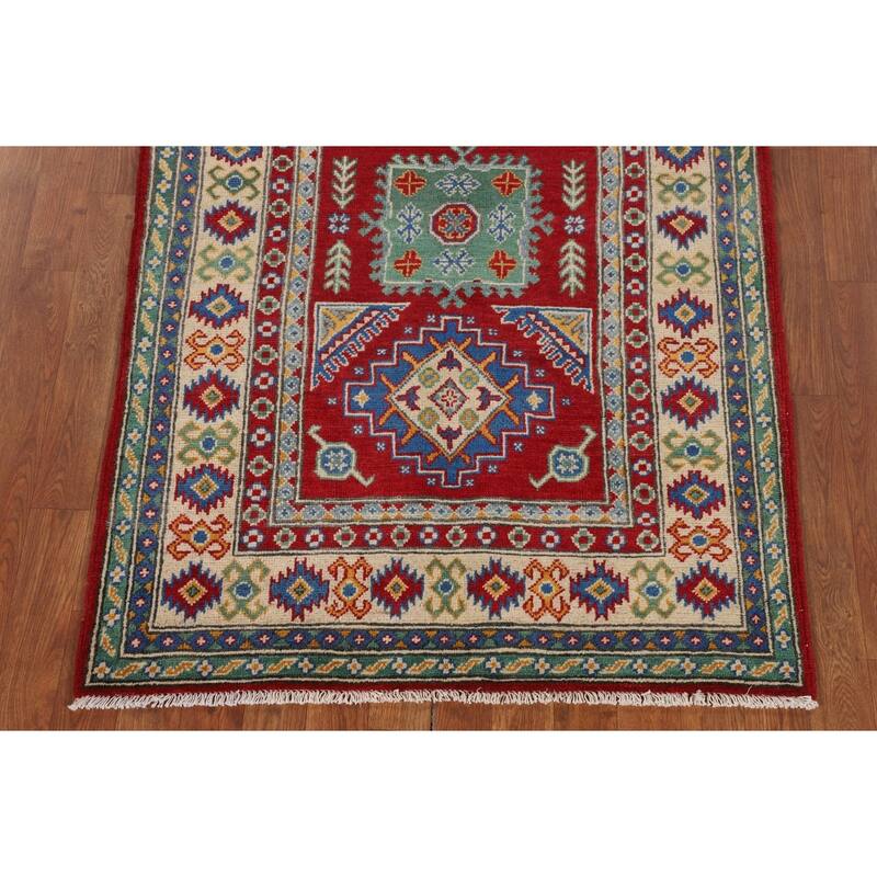 Red Geometric Kazak Oriental Foyer Rug Hand-Knotted Wool Carpet - 3'4" x 5'0"