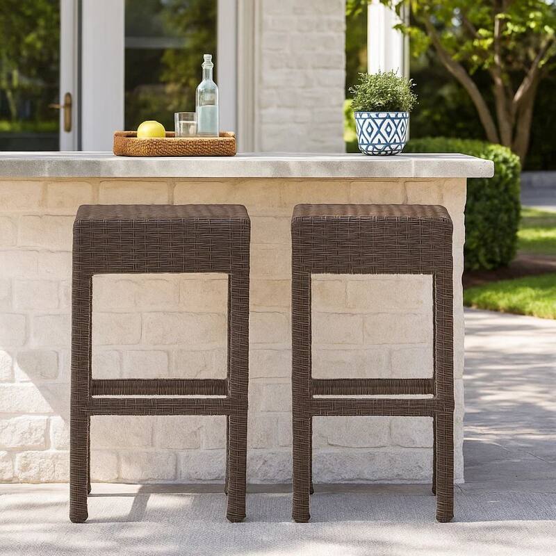 Outdoor Barstool Set of 2, Industrial Style Dark Brown Rattan Woven