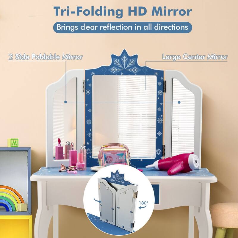 Gymax Kid Vanity Set Wooden Makeup Table Stool Tri-Folding Mirror