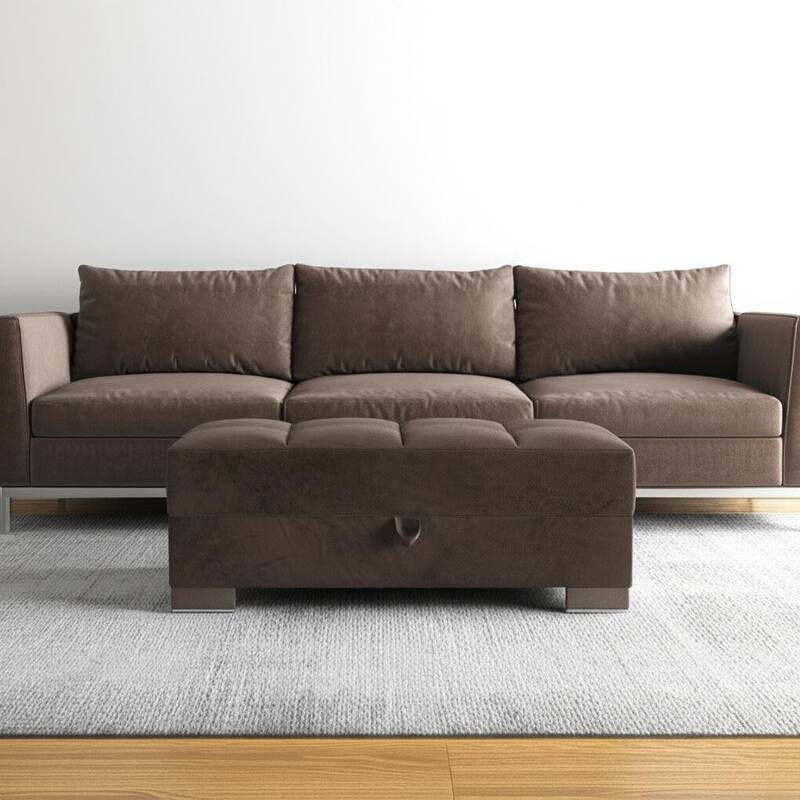 HomeRoots 52" Brown Tufted Chenille And Faux Leather Storage Ottoman - Brown - 52' X '18.5' X '21