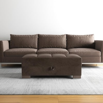 HomeRoots 52" Brown Tufted Chenille And Faux Leather Storage Ottoman