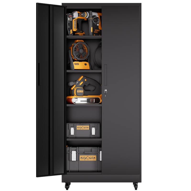 71"H Metal Garage Storage Cabinet with Wheels and Lock, 4 Adjustable Shelves (180lb Each), 3-Point Locking Security