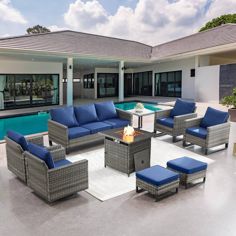 Gymojoy Outdoor Fire Pit Conversation Set, Patio Furniture with Cushions - 8 PCS - Grey Wicker / Blue Cusion