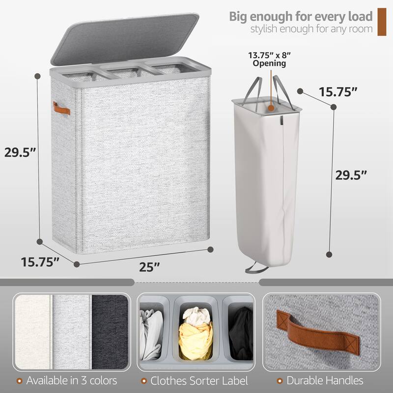 Sorbus 3-Compartment Laundry Basket with Removable Laundry Bag - Durable Organizer for Bathroom. - 25" W x 15.75" D x 29.5" H