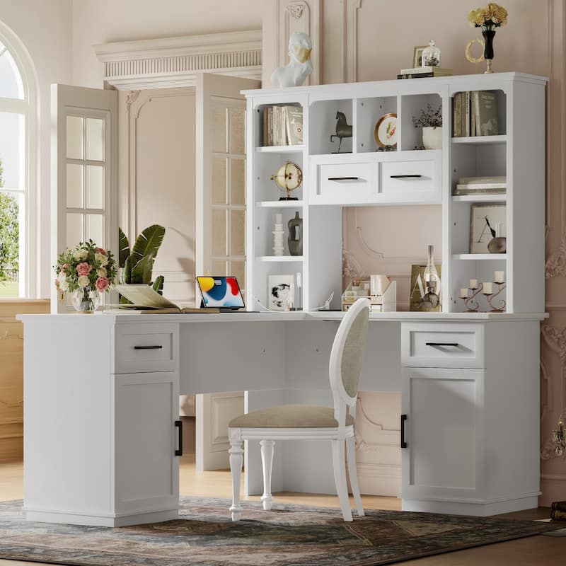 GDFStudio - Honey L-Shaped Computer Desk with Multiple Open Shelves and Built-in Power Outlet - White