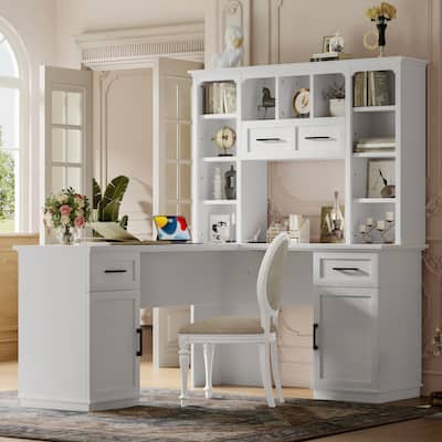 GDFStudio - Honey L-Shaped Computer Desk with Multiple Open Shelves and Built-in Power Outlet