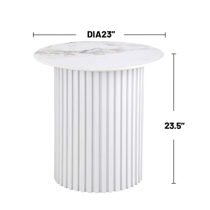 Round Sintered Stone End Table with Fluted Metal Base in White