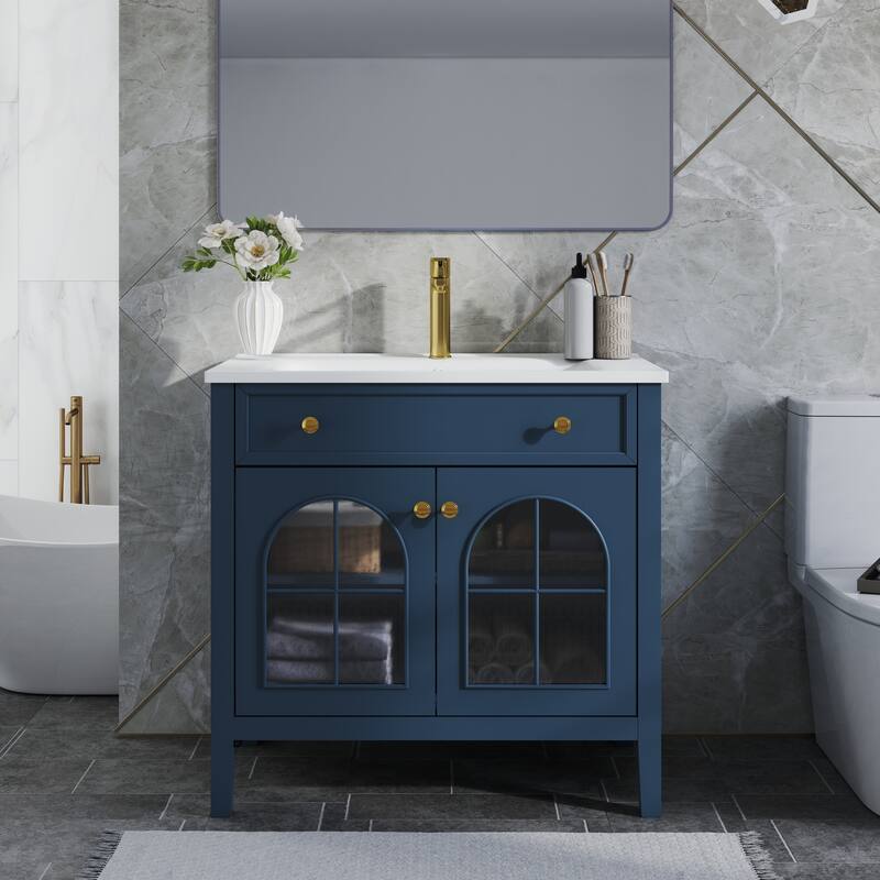 35.6" Mid-Century Bathroom Vanity Sink with Patterned Glass & Motion-sensor Light Strip, Freestanding