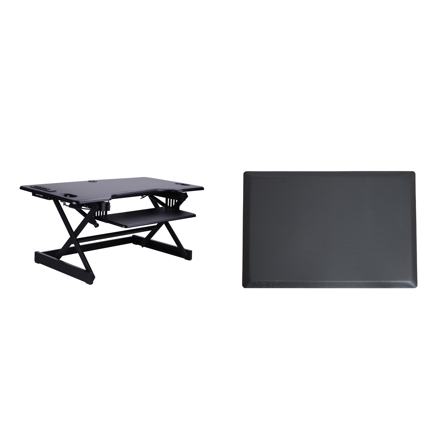 Rocelco 46 in. W Black Height Adjustable Standing Desk Converter with AC USB Charger, Anti Fatigue Mat and Triple Screen Riser