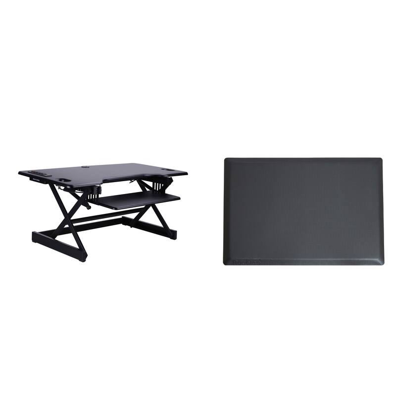 Rocelco 46 in. W Black Height Adjustable Standing Desk Converter with AC USB Charger, Anti Fatigue Mat and Triple Screen Riser