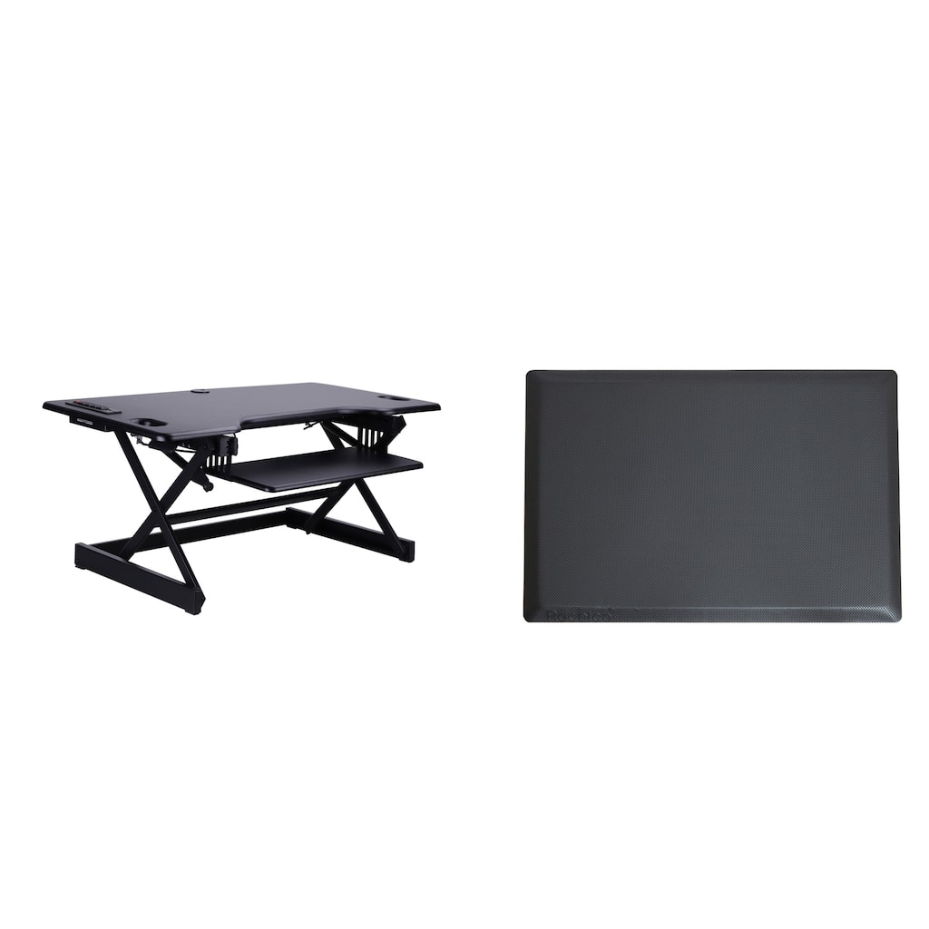 Rocelco 46 in. W Black Height Adjustable Standing Desk Converter with AC USB Charger, Anti Fatigue Mat and Triple Screen Riser
