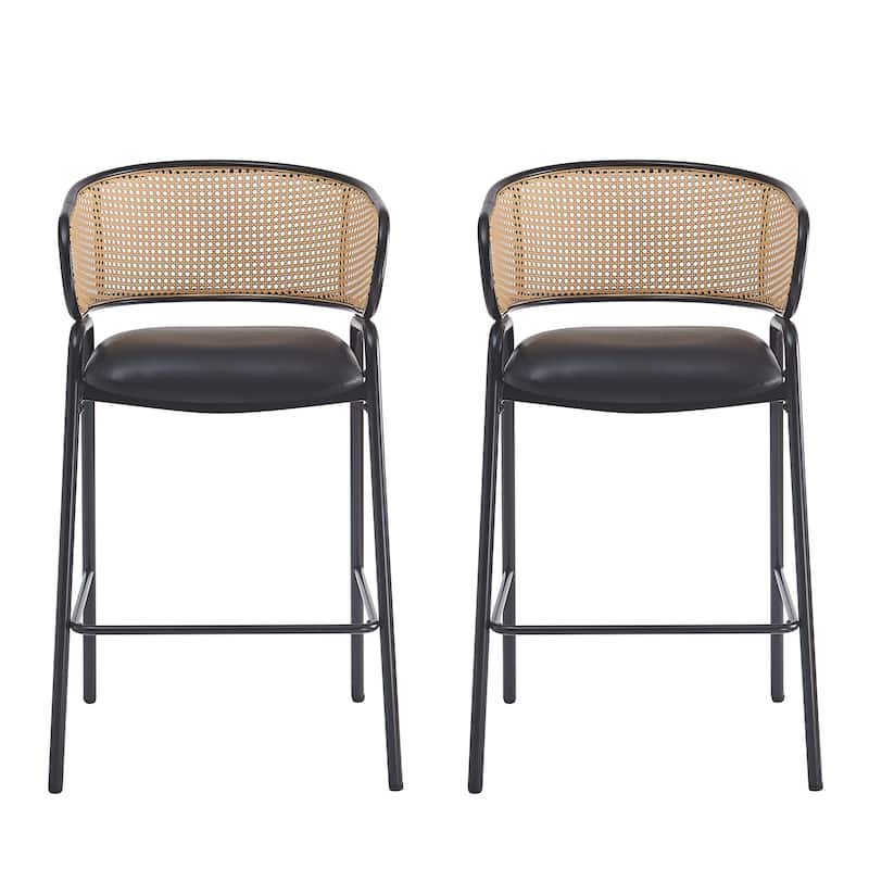 Christopher Knight Home - Rain Metal Frame Bar Stools (Set of 2) with Faux Leather Seat & Woven Rattan Back