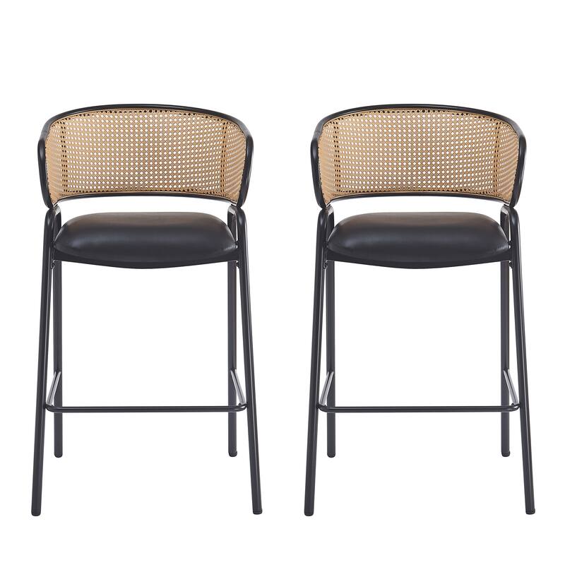 Indoor Metal Upholstered Barstool, Faux Leather Seat With Wowen Rattan Decorated Backrest, Set of 2