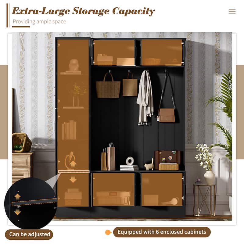79" Modern Hall Tree with Shoe Storage, 4-in-1 Entryway Bench with 4 Coat Hooks & Adjustable Shelf Mudroom Wood Storage Cabinet