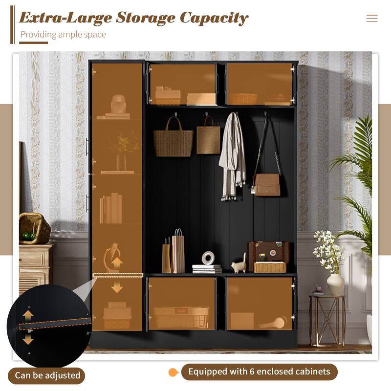 79" Tall Modern Hall Tree with 6 Cabinets, 4 Coat Hooks & Adjustable Shelf - 4-in-1 Entryway Storage Bench