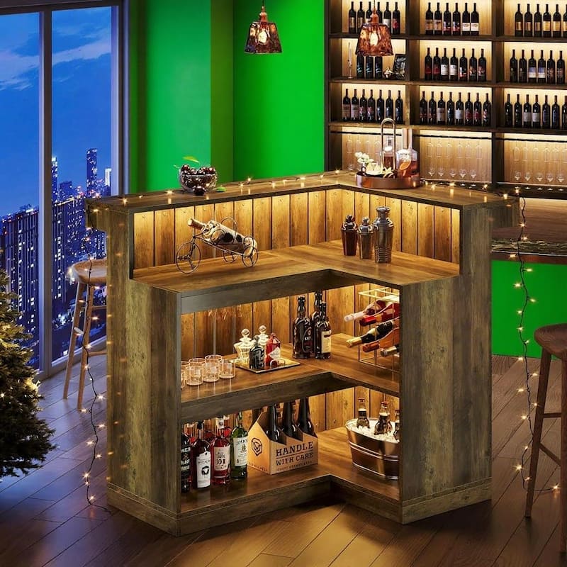 Brown MDF Corner Liquor Bar Table with 4 Shelves and Stemware Storage for Home and Pub - 51.18”L x 39.37”W x 43.31”H