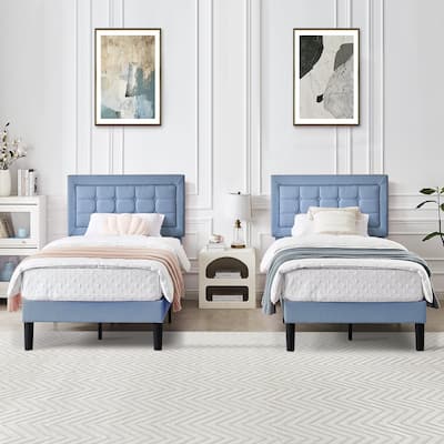 VECELO 2-Piece Adjustable 41-47" Height Twin Bed Frame for Kids Soft Padded Headboard with Button Tufting No Box Spring Required
