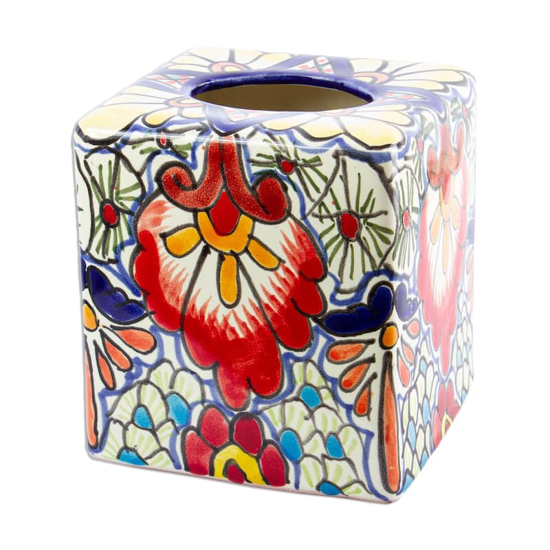 Novica Handmade Talavera Flowers Ceramic Tissue Box Cover