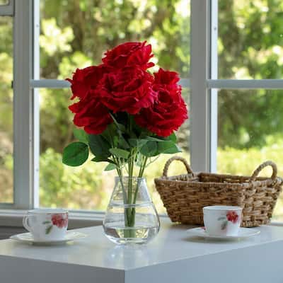 Enova Home 7 Head Artificial Silk Rose Flowers in Clear Glass Vase with Faux Water for Home Office Decoration - N/A