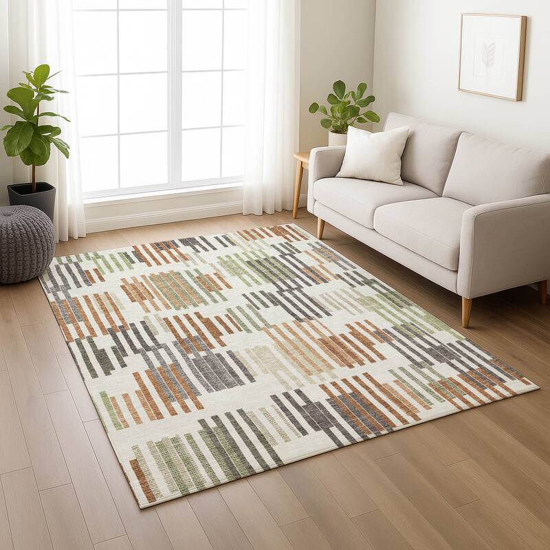 Machine Washable Indoor/ Outdoor Modern Pines Chantille Rug