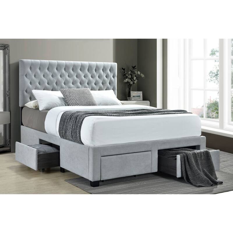 Light Grey Upholstered 4-Drawer Tufted Storage King Bed - LIGHT GREY