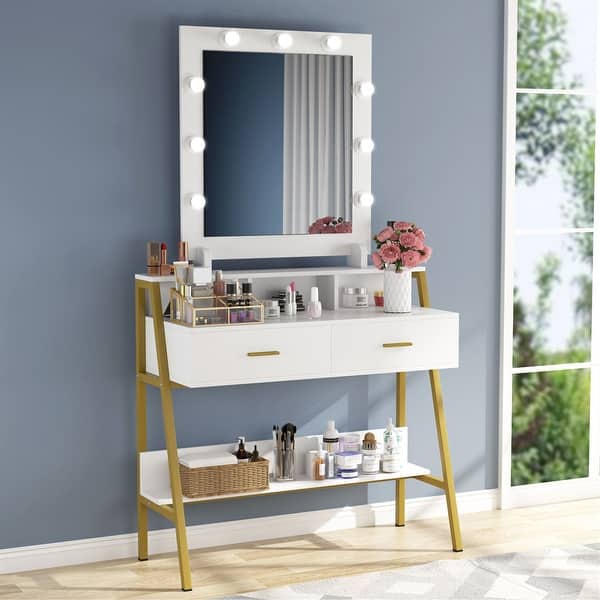 Vanity Table With Lighted Mirror Makeup Vanity Dressing Table With 9 Lights 2 Drawers White Gold On Sale Overstock 31569705