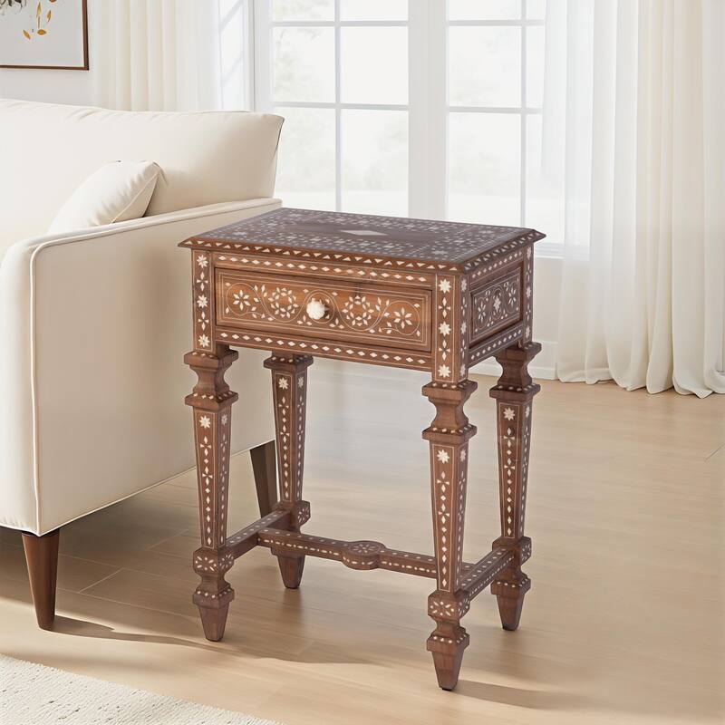 Rashmi 21 in. W Rectangular Teak & Bone 1 Drawer End Table