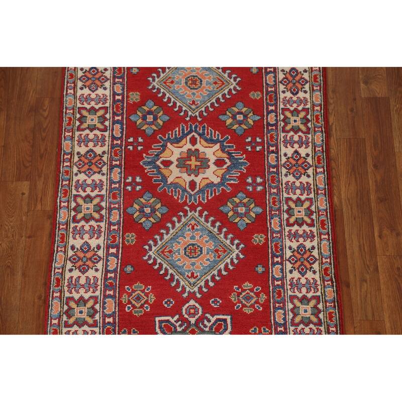 Red Geometric Kazak Oriental Wool Runner Rug Handmade Hallway Carpet - 2'8" x 9'9"