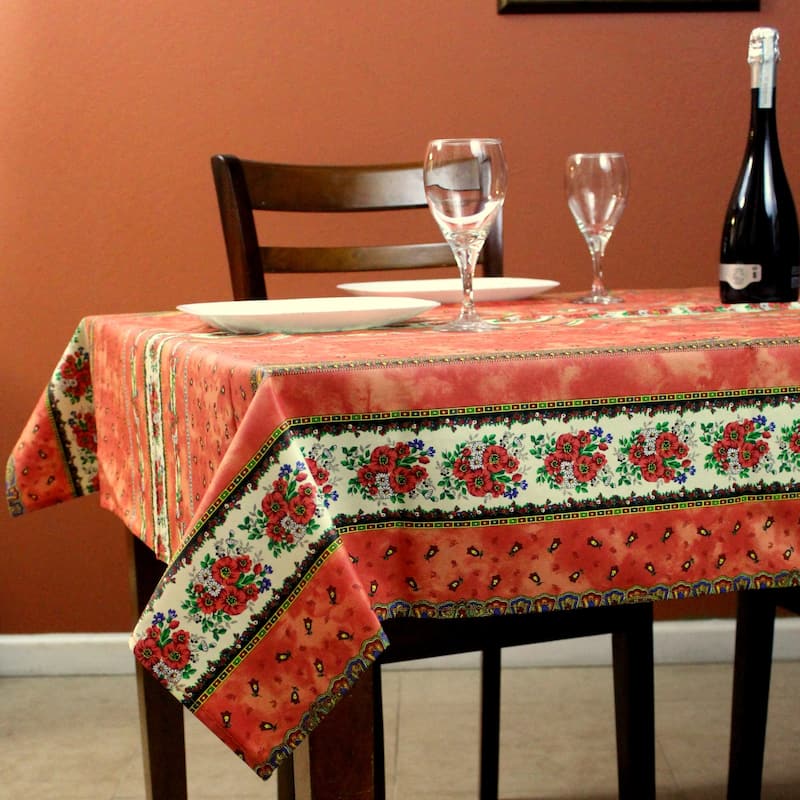 Wipeable Spill Resistant Provencal Cotton Cannes Collection Tablecloth - 52 x 52 in - Salmon Peach Floral Stripes