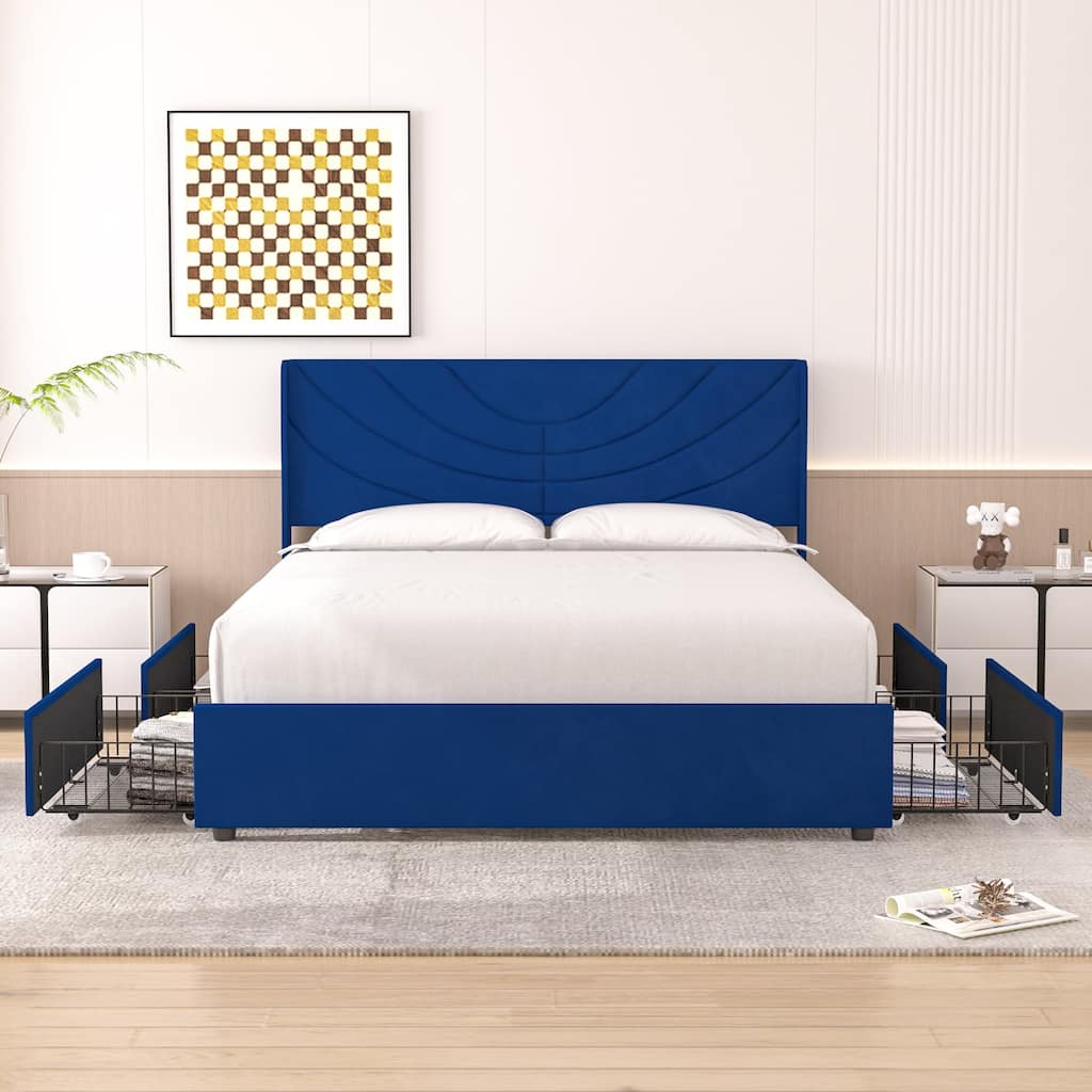 Javlergo Upholstered Bed with Tufted Headboard Bed Frames with Storage Drawers Princess Platform Bed with Wooden Slats Support