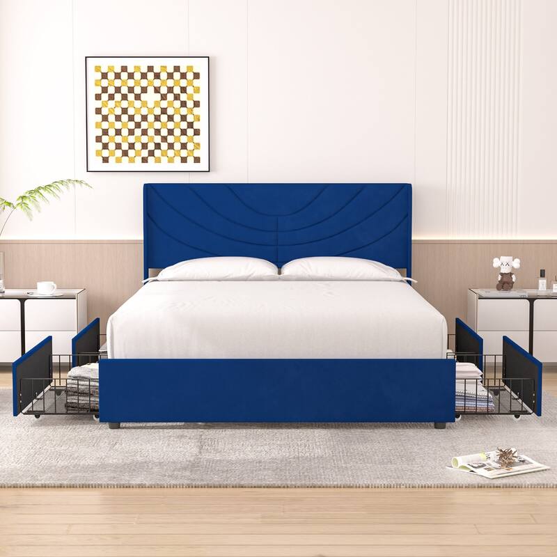 VECELO Upholstered Bed Frame with Headboard & 4 Storage Drawers - Blue - Queen