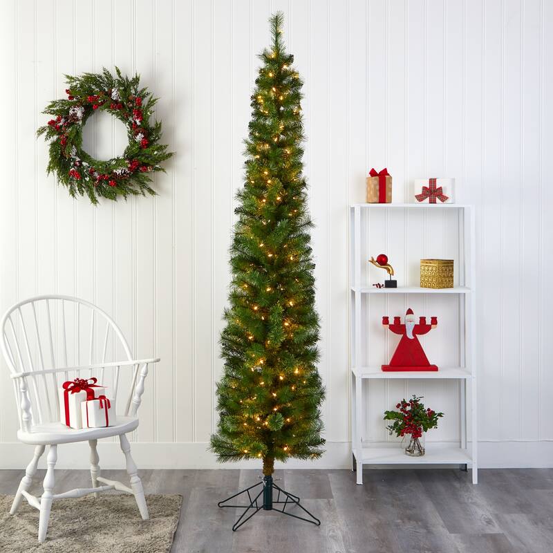 7ft. Green Pencil Artificial Christmas Tree with 150 Clear Multifunction LED Lights and 338 Branches - Stylish Slim X-Mas Tree