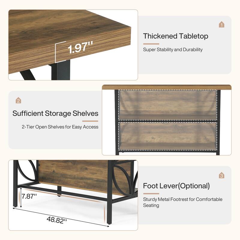 63-Inch Large Home Bar Table with Footrest, Rustic Brown