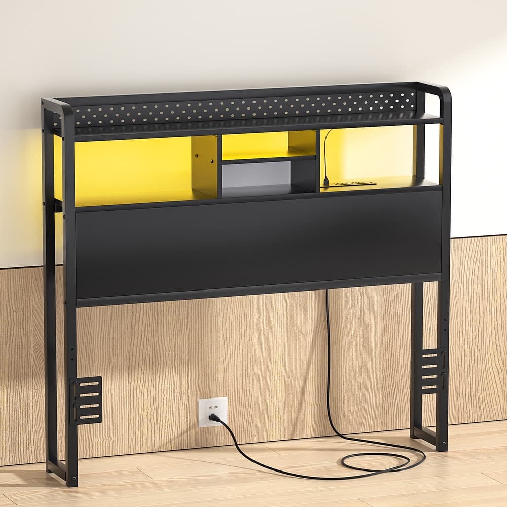 Bed Headboard with Storage Shelf and Charge Station, Height Adjustable Headboard with LED Light