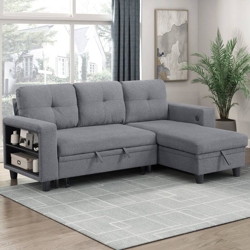 Hazel Boucle Sectional Sofa - Reversible Chaise, Pull-out Bed, Shelves