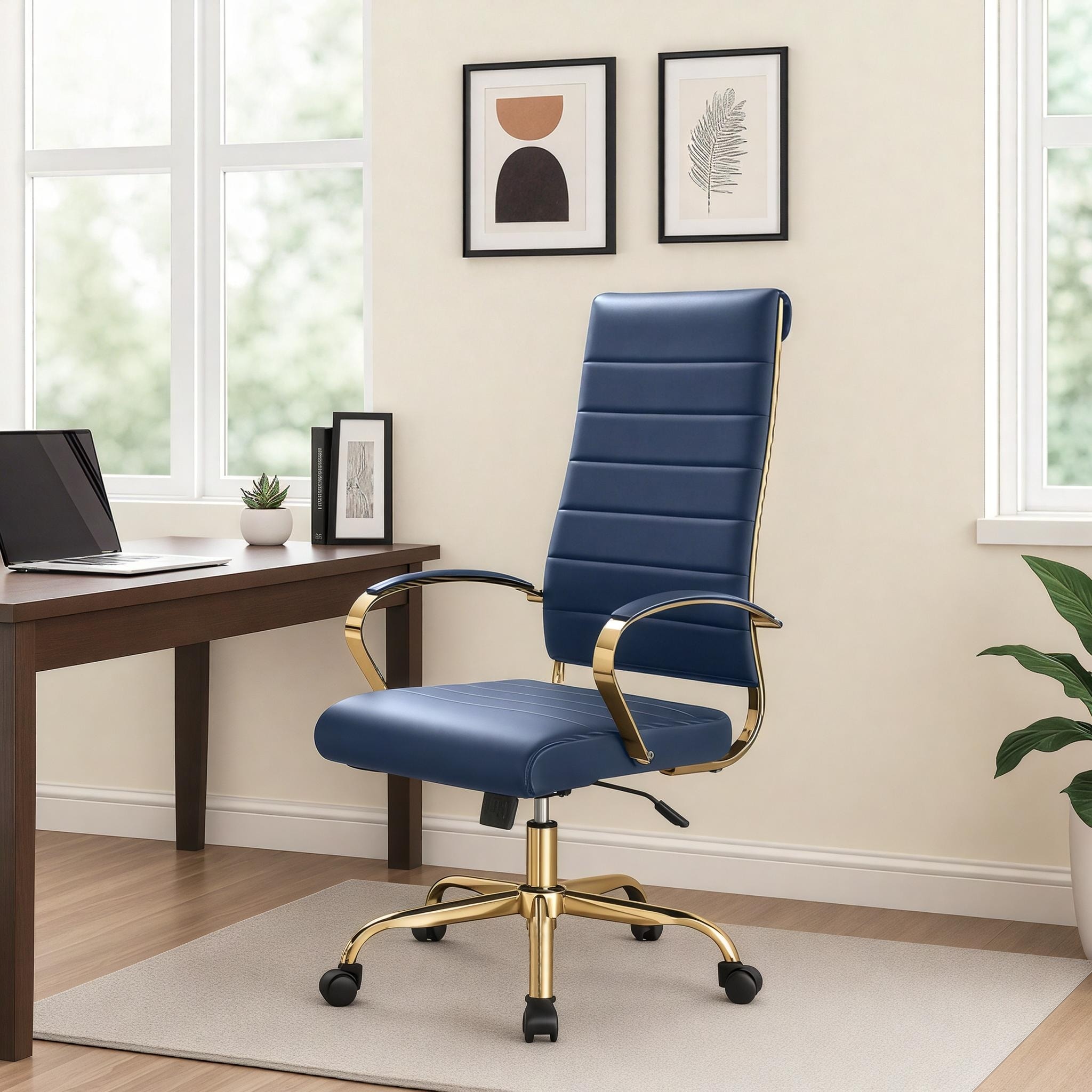LeisureMod Benmar Ribbed Leather Executive Chair - Modern Gold Frame Swivel & Tilt - Mid-Century Ergonomic Desk Chair