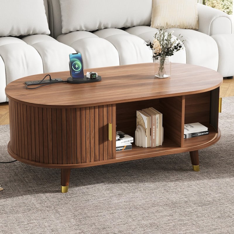 Mid-Century Modern Oval Coffee Table with Sliding Tambour Door, Charging Station and Solid Wood Legs, for Living Room - Beige