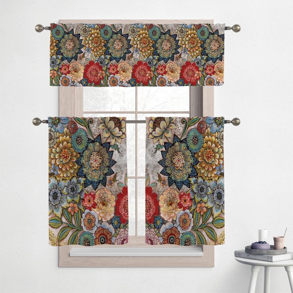 Laural Home Boho Bouquet 36" Kitchen Curtain Valance and Tiers Set