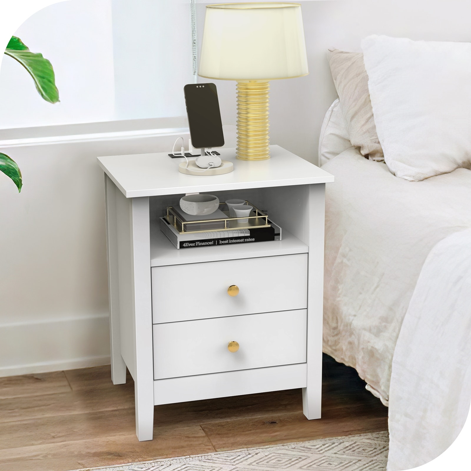 Moasis Modern LED Nightstand Set of 2 with Drawer and Storage Shelf Bedside Table with Charging Station On Sale Bed Bath Beyond 40790599