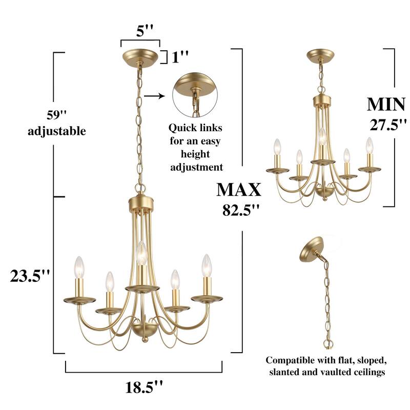 Mid-Century Modern 5-Light Gold Candle Chandelier for Dining Room - W18.5"x H23.5"