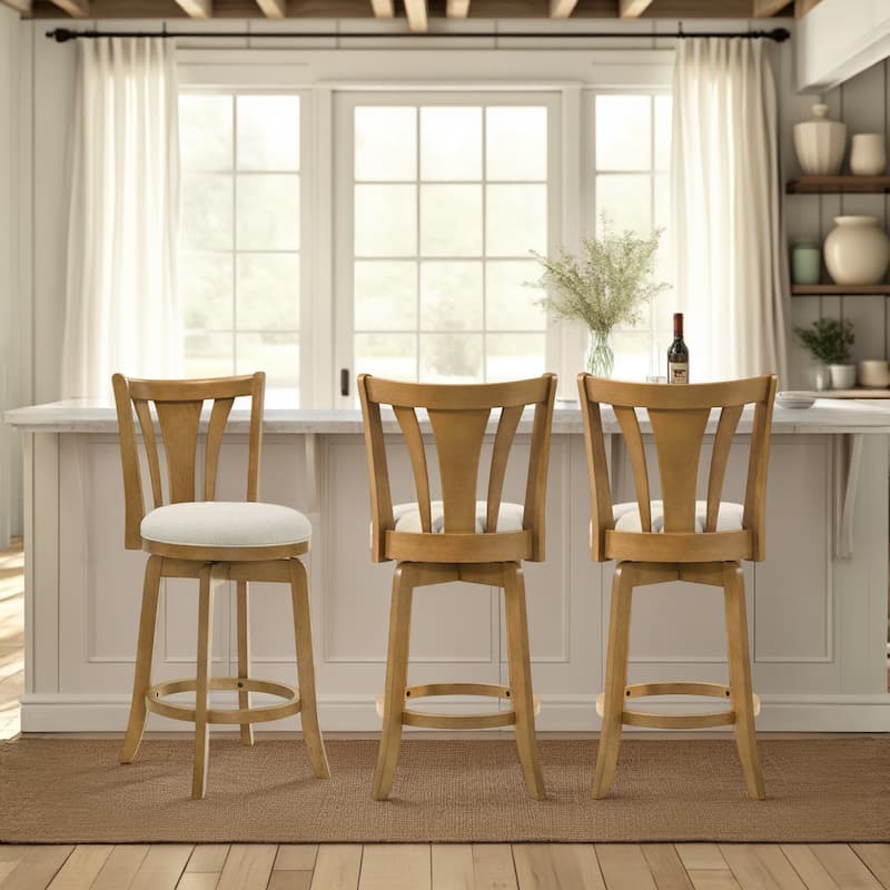 Elle Modern Swivel Bar Stool, Upholstered Counter Height Chair with Wood Frame - Set of 3 - Ivory - Bar Height
