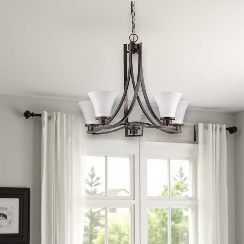 HomeRoots Bronze Candle Style Five Light Frosted Metal Dimmable Chandelier With White Shades - 26' X '21.5' X '26 - 26' X '21.5' X '26
