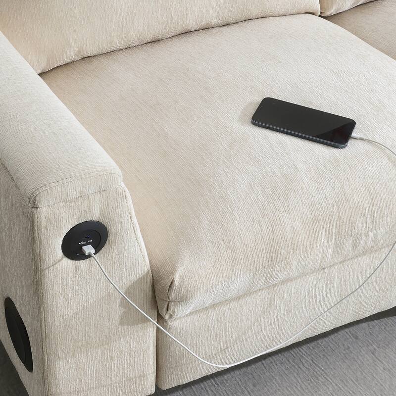 Chenille Sectional Sofa With Bluetooth Speaker,Cloud Couch Set With Drop Down Table,Cup Holders,Usb Charger,Storage Armrest